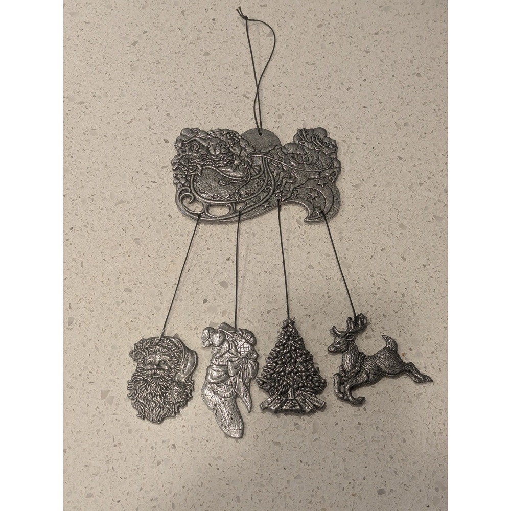 Vintage 1994 Carson Christmas Santa Theme Wind Chimes Pewter Metal  17" Long USA
